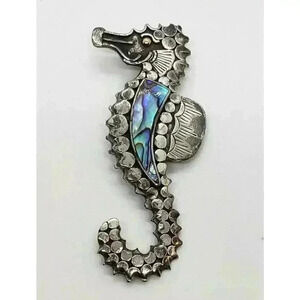 Vintage Brooch Seahorse Sterling Silver & Abalone Big Size Detailed Mexico